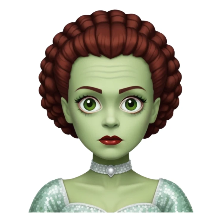 Bride of Frankenstein from Universal Monsters with pale greenish skin, dark auburn hair, white sequin outfit  sticker