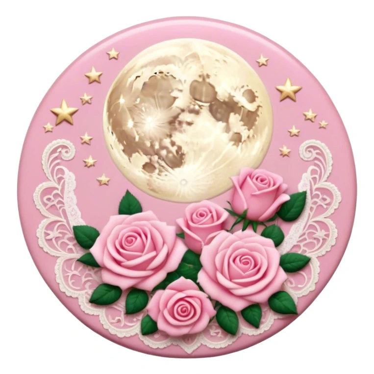 A round pink button with light cream damask lace, a full moon and stars and pink roses in the center sticker