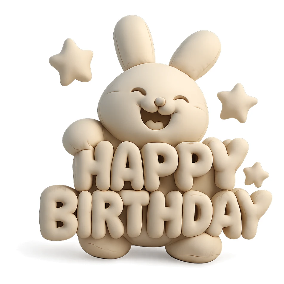full-body laughing bunny hugging "Happy Birthday" letters with stars, cushion style sticker