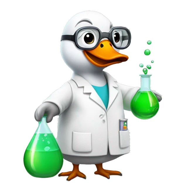 Goose wearing chemistry lab coat goggles and has flask with chemicals sticker