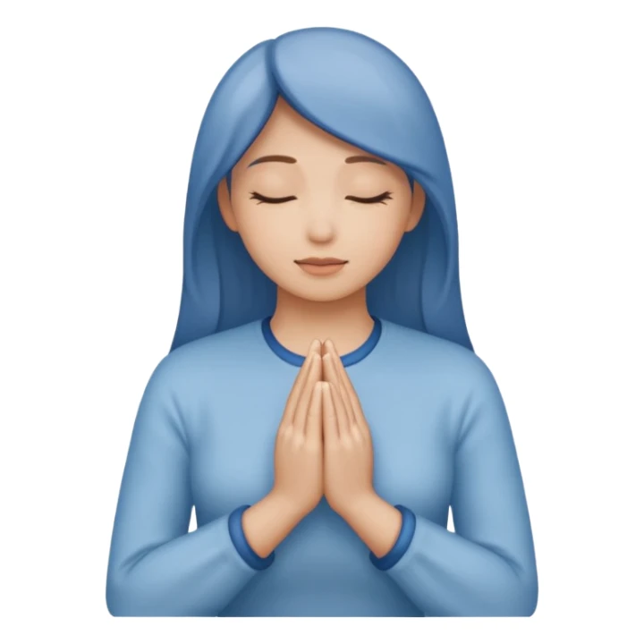 Two hands in prayer pose, only woman's hands, muted blue outline, beige fill, soft glow, apple emoji style, PNG, transparent background sticker