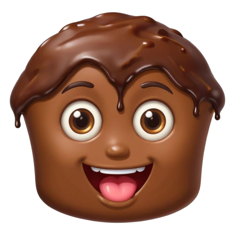 Funny cartoon chocolate mini pastry, crazy wide eyes, messy chocolate dripping, smiling distorted face, chibi style, Twitch emoji style, transparent background, colorful sticker