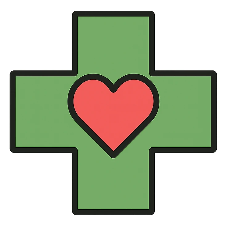 green cross with a heart in the center, signifying healing and compassion sticker