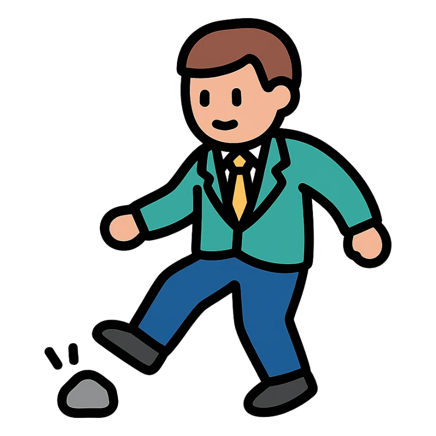 man in a suit kicking a rock on the ground, clean icon style sticker