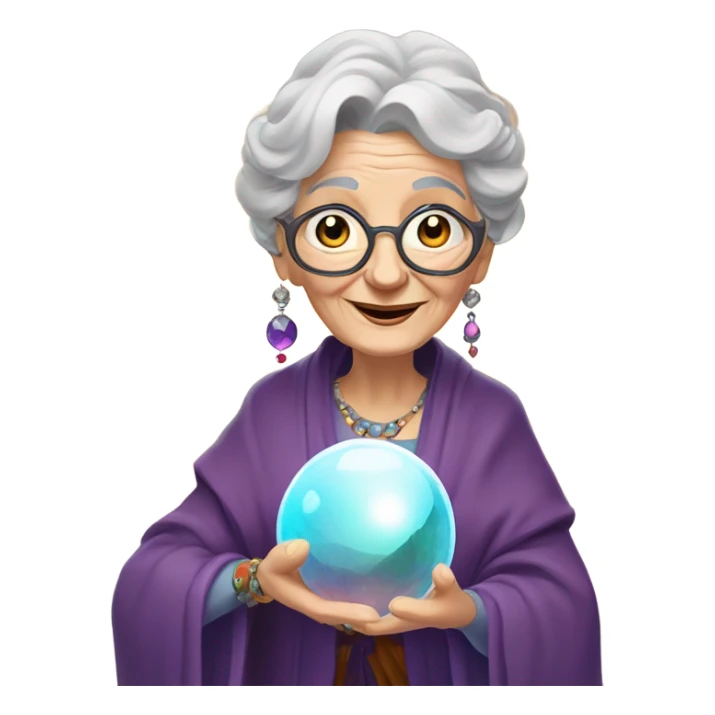 Wise Old Lady Fortune teller with crystal ball looking into the camera smiling sticker