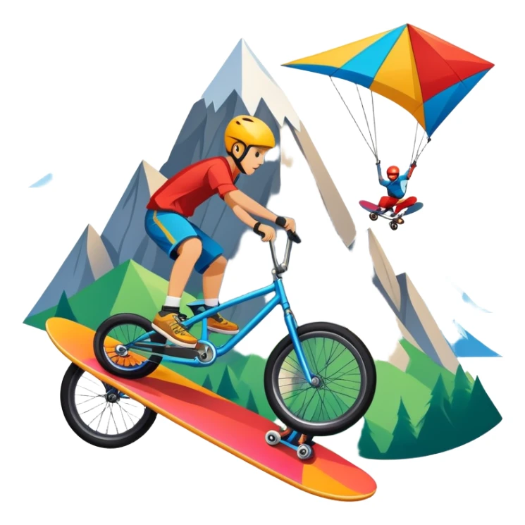 An emblem-style design representing extreme sports and lifestyle, featuring symbols of adventure such as a mountain, a skateboard, a kite, and a bike. The design is bold and dynamic, with sharp lines and energetic colors, capturing the essence of thrill, freedom, and adrenaline. sticker