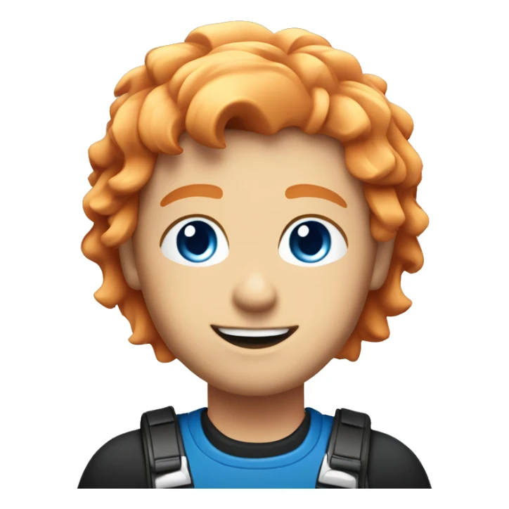 Orange haired electrician with blue eyes and black top with a pink and blue logo sticker