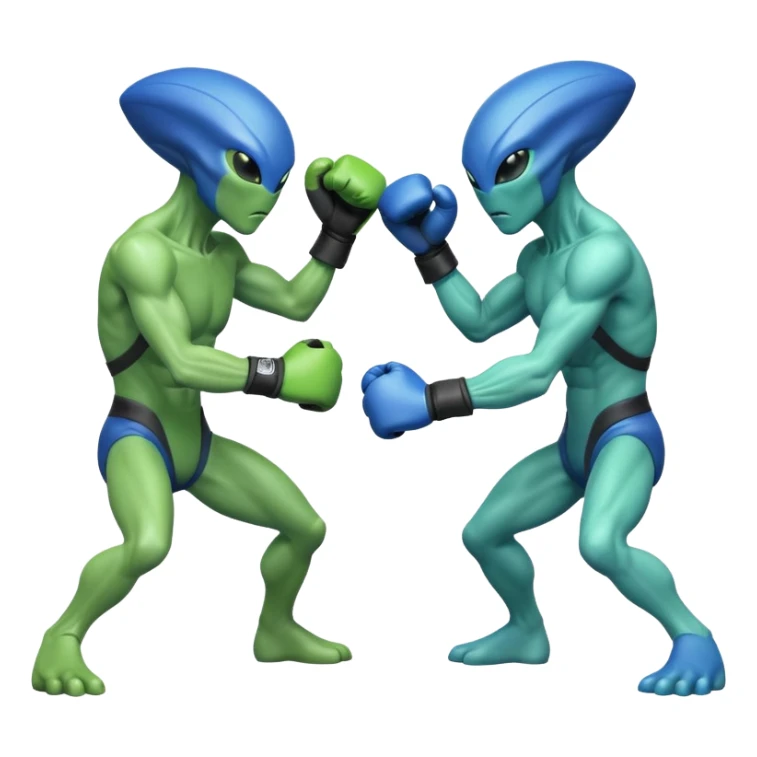 two aliens boxing in a fight stance, facing each other with raised gloves, dynamic action pose, intense expressions, sci-fi arena vibe, 3D cartoon style, mobile game icon style, clean background, no text, no watermark
 sticker