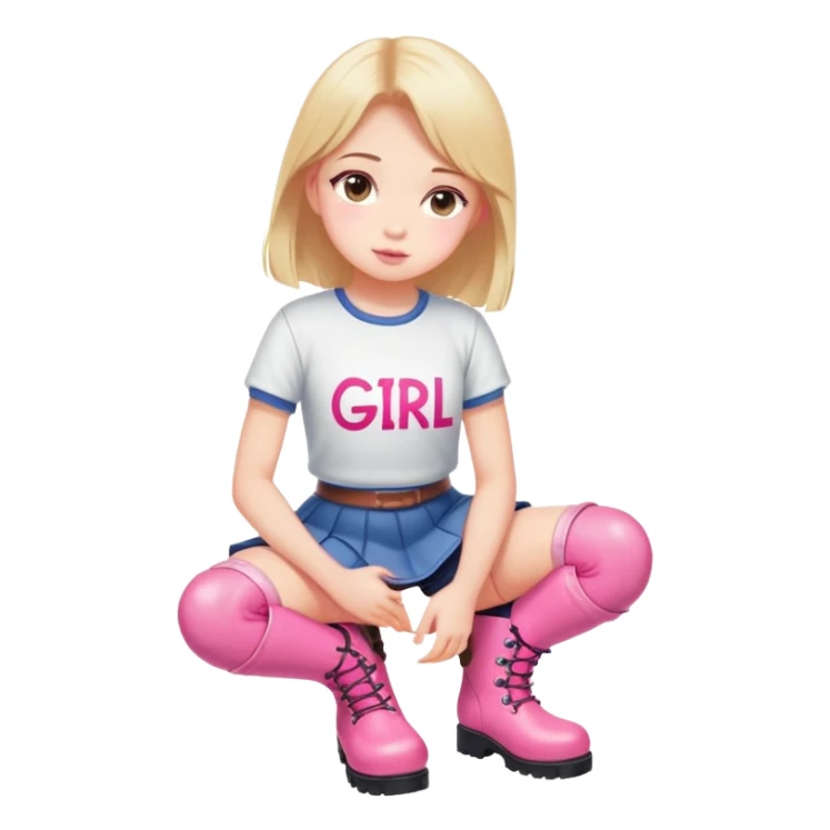  top and skirt with pink inscription “girl”  squatting in pink boots sticker