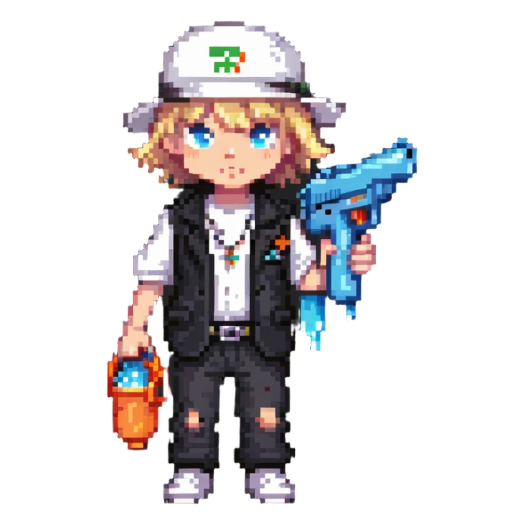 little white kid in gangster outfit, holding a water gun, fun and lighthearted sticker