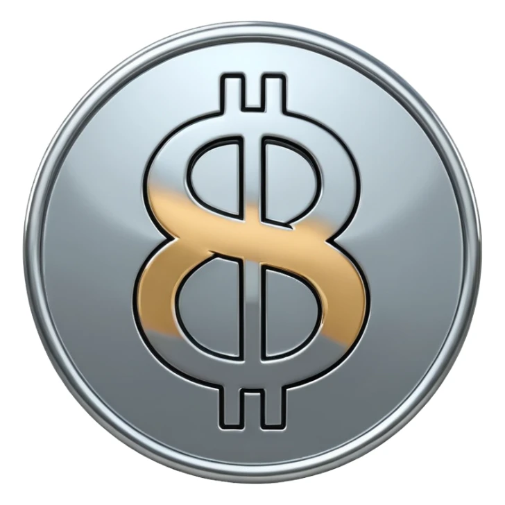 A double dollar sign emoji made of polished silver chrome, smooth metallic surface, glossy reflections, luxury swag vibe, minimal iOS emoji style, centered on white background sticker