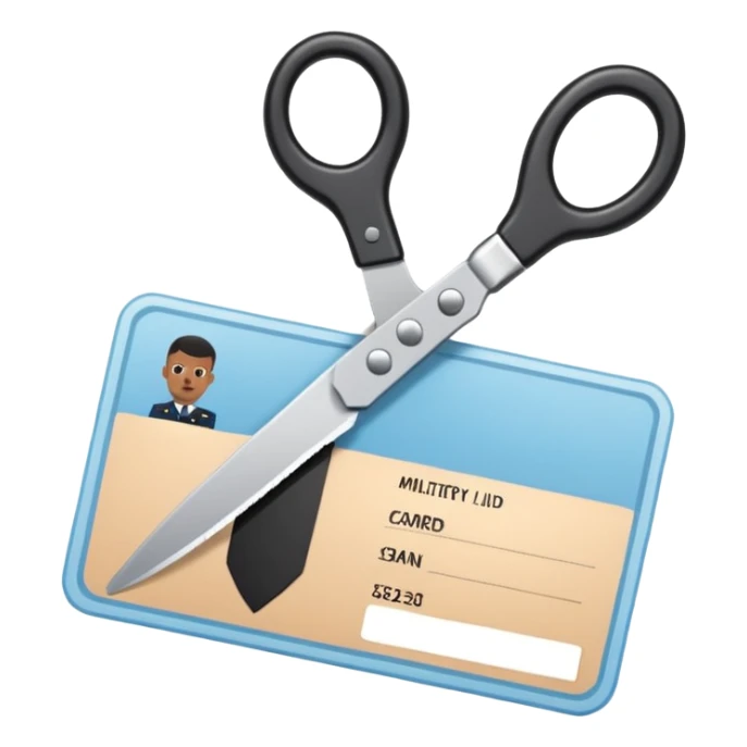 Floating black Scissors cutting a light blue military ID card in 2 parts .hyper realistic sticker