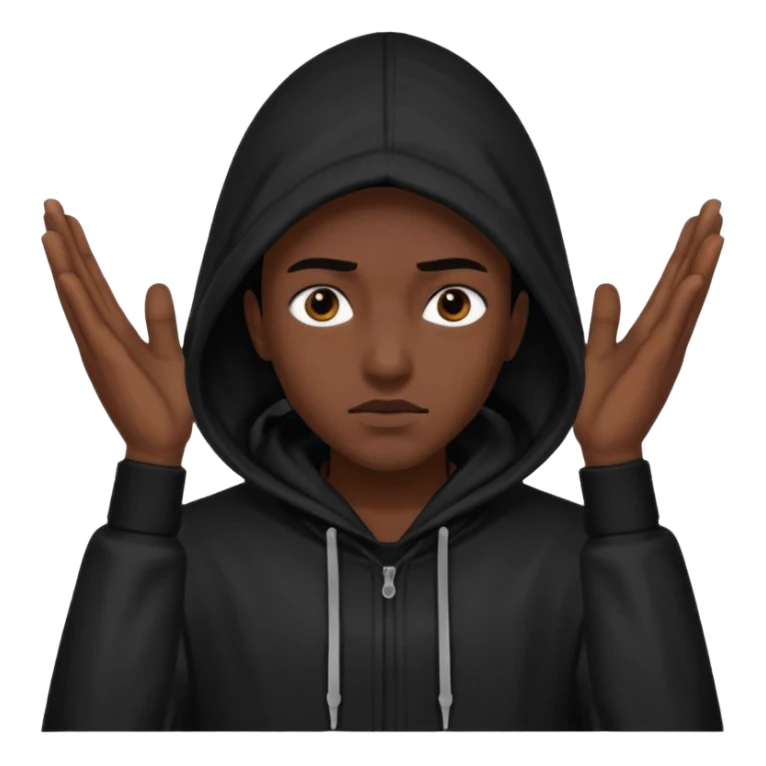 🥷🏽: inspire toi de cet emoji faisant en sorte qu’il est les mains sur les deux côtés de la tête et garde sa cagoule noir avec uniquement ses yeux apparent sticker