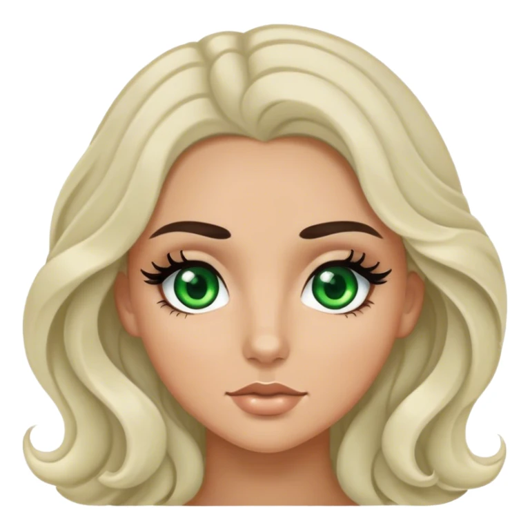 White girl with wavy black hair, green eyes with eyelashes and tan sticker