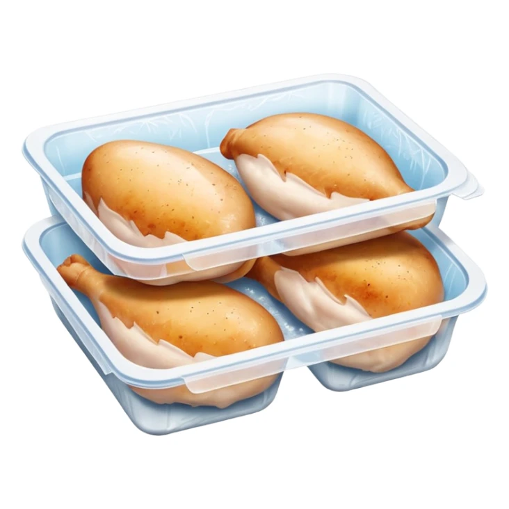 A pack of frozen chicken breasts inside a home freezer, sealed in clear plastic packaging with frost on the surface. The freezer shelves have other frozen items in the background, and cool white light reflects off the ice. Realistic photography, everyday kitchen scene. sticker