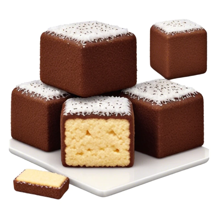cinematic-realistic-lamingtons-dessert-emoji,-depicted-as-soft-sponge-squares-coated-in-chocolate-on all sides with coconut sprinkled on all side-rendered-with-mouth‚watering-detail-and-vibrant-lighting sticker