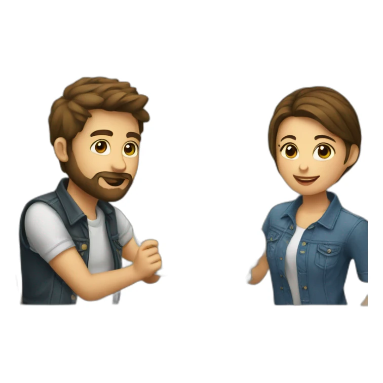 young girl with short brown hair in a relationship with a young man with a beard drinking beers dressed the same with a shirt and jeans sticker