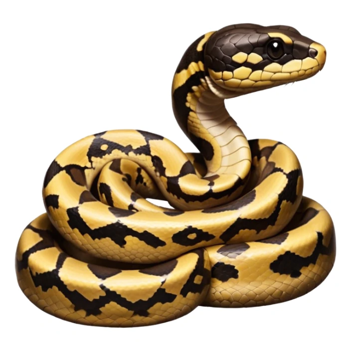 A photo-realistic digital illustration of a Ball Python, chest upward, with a short, rounded head, thick body, and a calm, curious expression. It has a warm brown base color with irregular dark blotches shaped like “alien heads,” and matte-textured scales that emphasize its small, stocky form. sticker