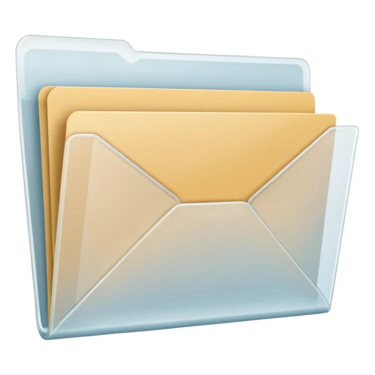 A simple emoji-style icon of a transparent white plastic folder, minimal and clean, with a visible envelope inside labeled “Henry Ballester”, subtle translucency, rounded corners, and soft shading. sticker