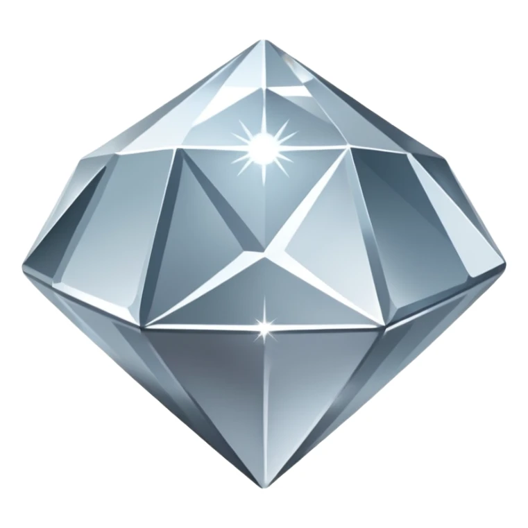 A faceted diamond emoji made of silver chrome, smooth reflective surfaces, soft metallic shine, minimalistic and clean design, iOS emoji style, centered on white background, soft studio lighting sticker