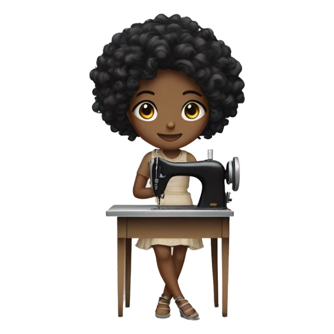 Black girl with curly black hair medium length with sewing machine  sticker