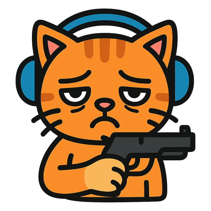tired sad cat holding a gun, wearing headphones, colored icon sticker
