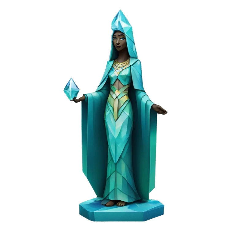Sculpture oracle priestess with a geometric faceted design with disney features. Oracle of delphi is sparkling and standing upright on a base with angular and flower features. The vibrant blues neutrals and greens highlights the sharp edges and planes.  sticker