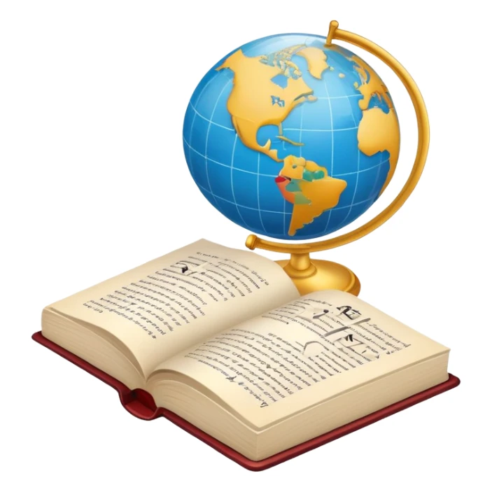 An icon featuring an open book, a speech bubble, and a pen, symbolizing philology and linguistics. The design includes a globe with language characters and grammar symbols, representing the study of languages and literature. Transparent background highlights language analysis. sticker