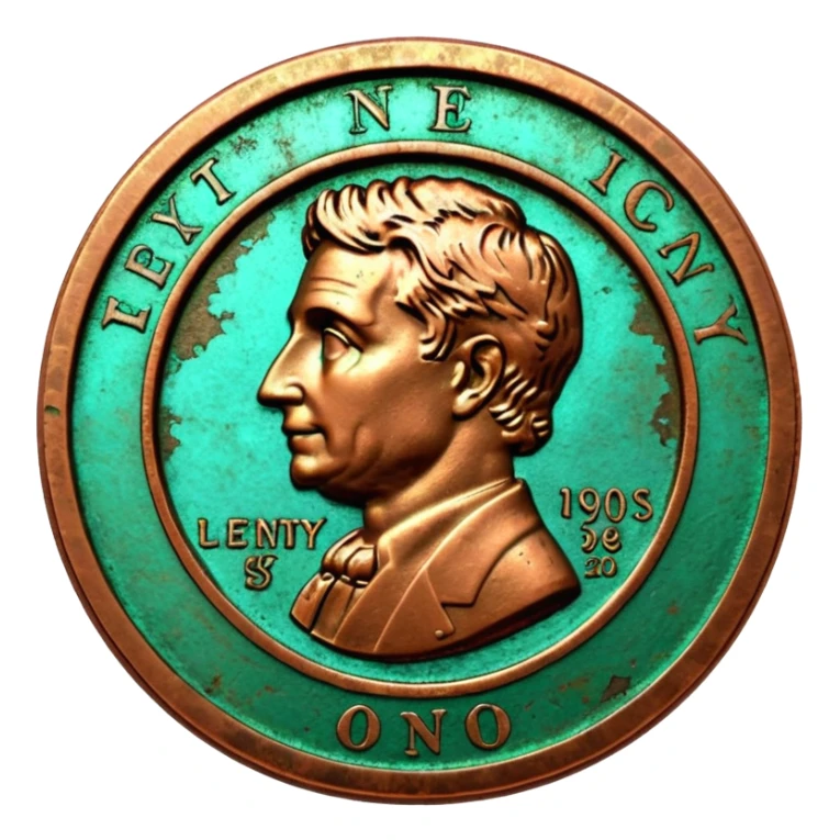3D render of Old Penny, heavily oxidized copper texture, verdigris patina, Brown coin turning green on edges, weathered bronze aesthetic, ancient decay, Apple emoji style, isolated on white background --v 6.0. sticker