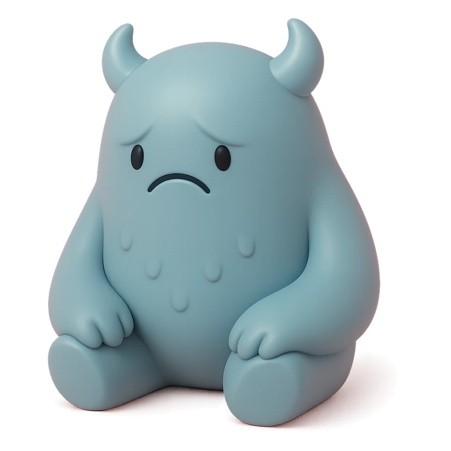 lonely monster, sitting alone with a sad expression, muted blue and grey colors, toy-like vinyl figure style sticker