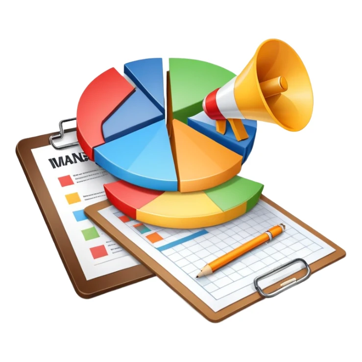 An icon featuring a pie chart, a megaphone, and a clipboard with strategy plans, symbolizing management and marketing. The design includes upward-trending graphs set against a modern office backdrop. Transparent background emphasizes business strategy and communication. sticker