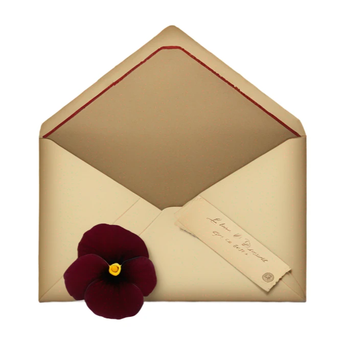 A vintage love letter with deep red pansies and a burgundy wax-sealed envelope
 sticker