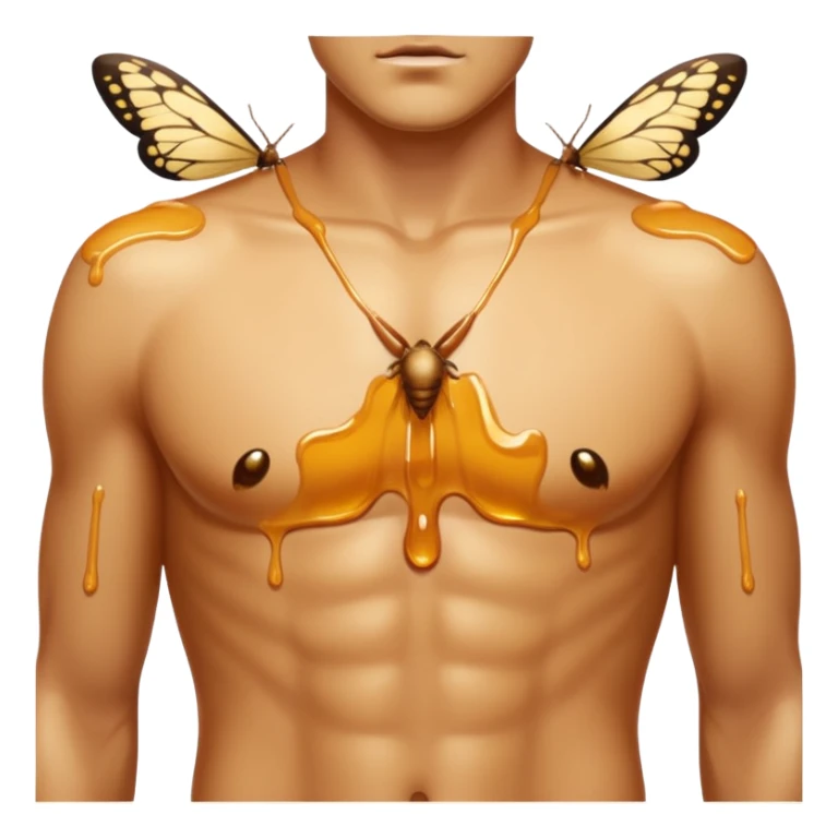 close up male torso with honey gloss drip and moths nearby sticker