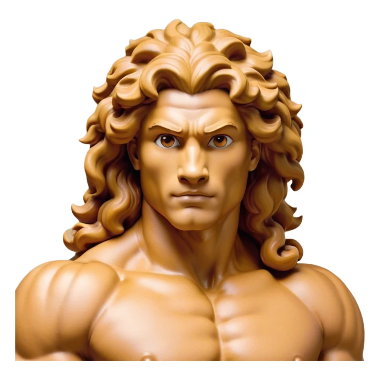 Cinematic Realistic Hercules Portrait, head tilted playfully and inquisitively, showcasing a blend of legendary power and youthful charm with the refined features of Michelangelo's David. His light tan, sculpted skin and thick, curly, golden brown hair—styled with wild majesty—evoke the spirit of the lion-wrestling Hercules. Clad in a softly draped white robe with subtle golden details and adorned with a Greek laurel wreath, his expressive eyes and warm smile capture an approachable yet formidable hero, bathed in gentle natural lighting. sticker