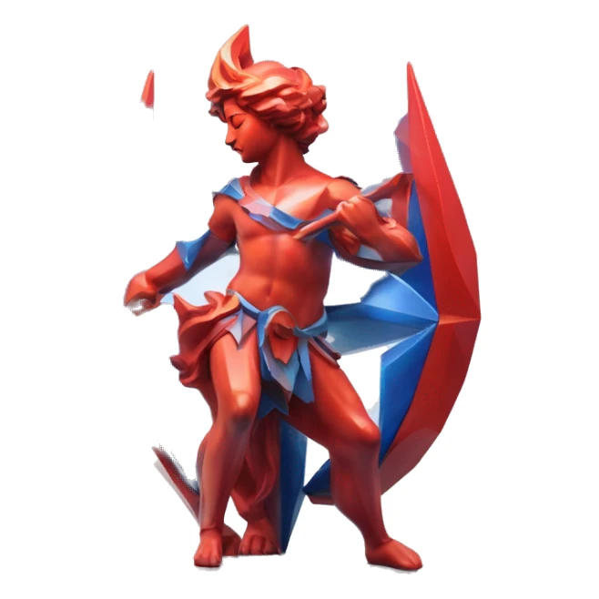 A Sagittarius sculpture with a geometric, faceted design. The Sagittarius is standing upright with angular and baroque features. The vibrant red and blue flame colors highlights the sharp edges and planes. sticker