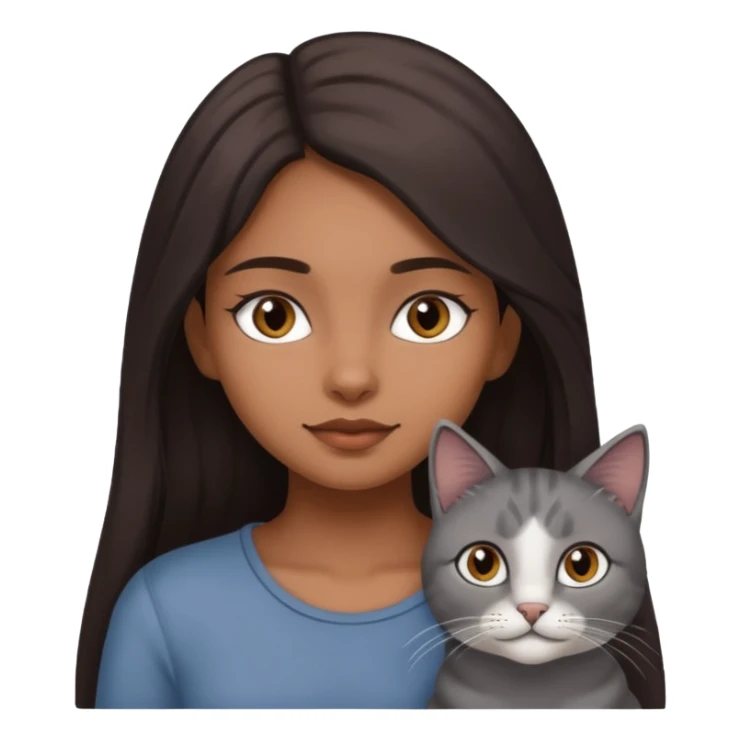 Brown girl with long dark hair with a grey cat sticker