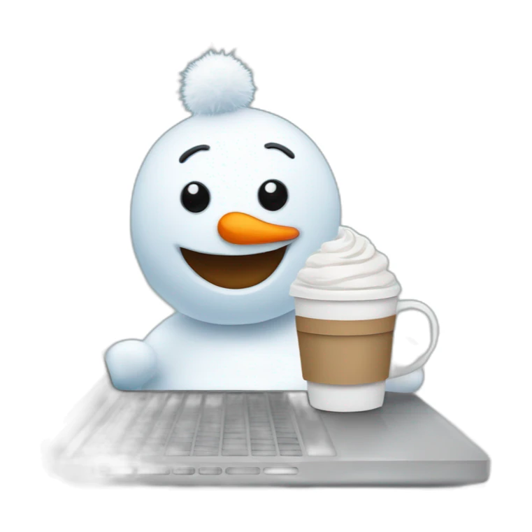 cute little snowman behind a laptop holding a coffee mug sticker