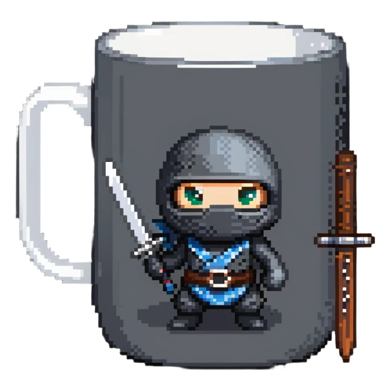 coffee mug with eyes holding a ninja sword sticker