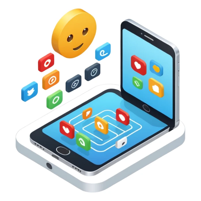 create an isometric analogous to show case user experience around multi channel like portal, chat, mobile sticker
