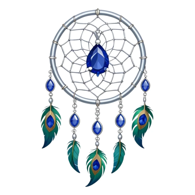 a Silver Dreamcatcher with sapphire-stones and emerald-stones, and with peacock-feathers. Big sapphire gem in the middle. Many tiny emeral gems around it.   sticker