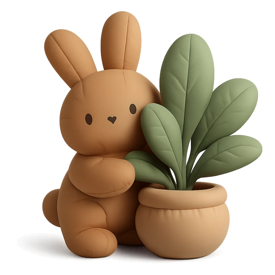 full-body cinnamon bunny peeking behind a plant in cushion style sticker