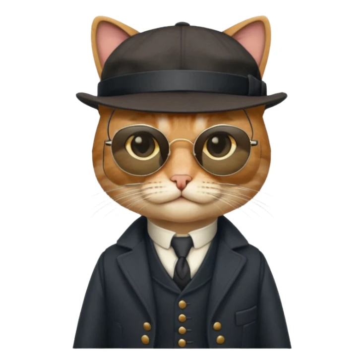 Cat wearing sunglasses and a peaky blinders hat, along with a waistcoat and over coat.
Peaky blinders style sticker