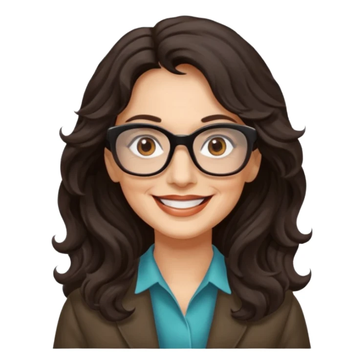 woman 60 long dark weavy hair, brown eyes rectangle dark glasses sticker