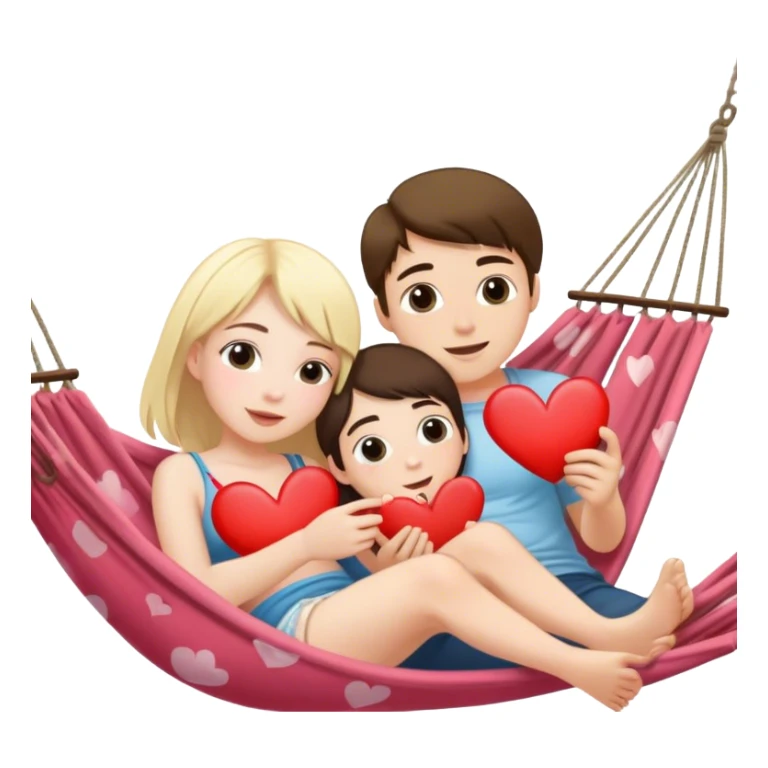 Blond girl and brunette boy laying in a hammock together with hearts sticker