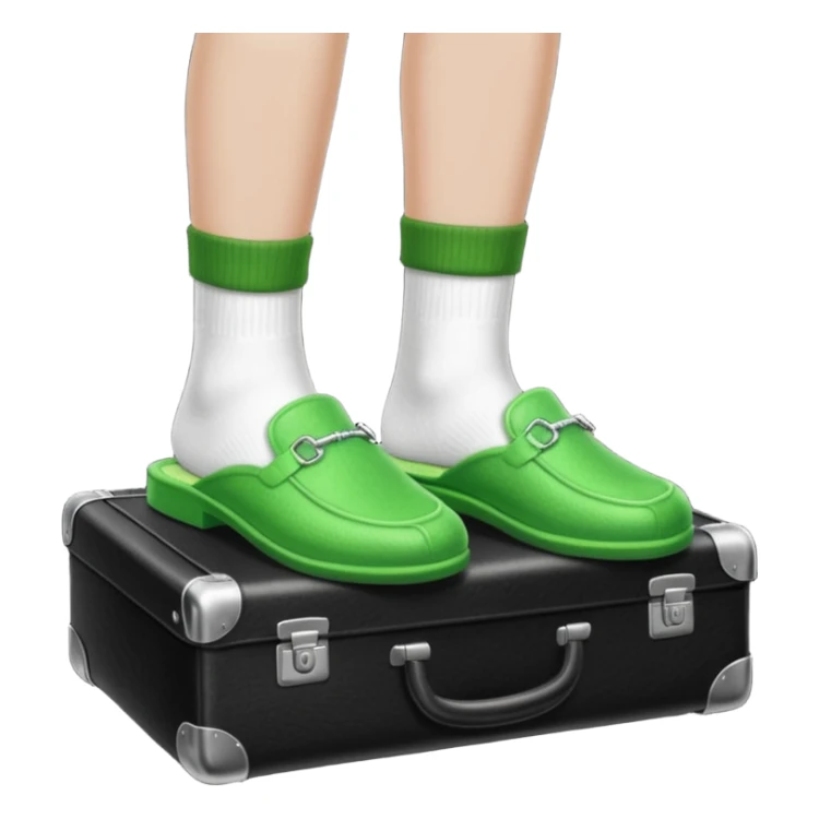 Feet with white socks wearing green house slippers standing on a briefcase sticker