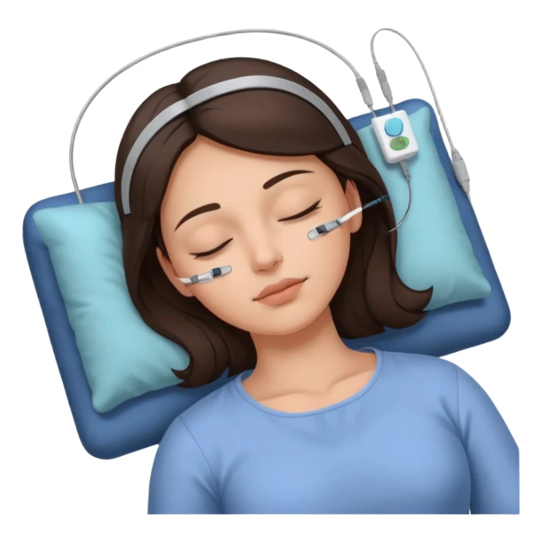 brunette woman sleeping polysomnography sleep test with electrodes attached to head sticker