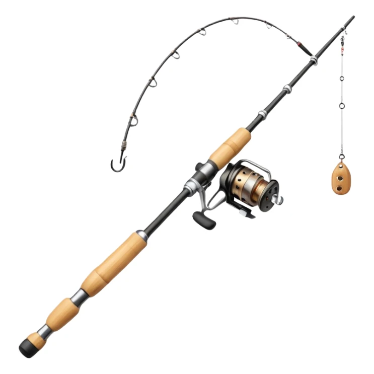 Genmoji-style bamboo fishing rod emoji, simple beginner rod, smooth rounded shapes, soft gradients, small reel, exactly one fishing line hanging from the tip, 3/4 angle, clean silhouette, no hook, no text, transparent background sticker