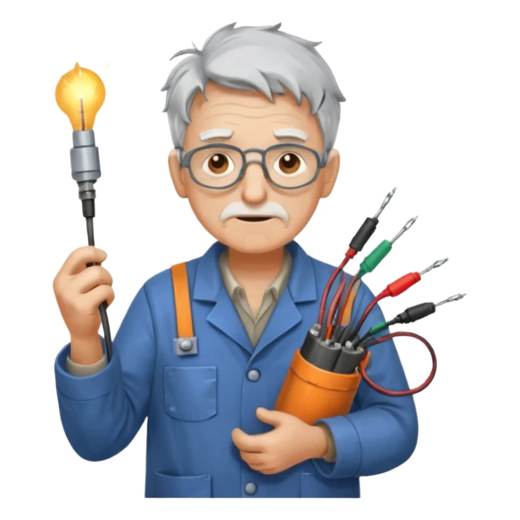 A scatteredbrained old tinkerer with messy workshop coat, holding sparking wires.
 sticker