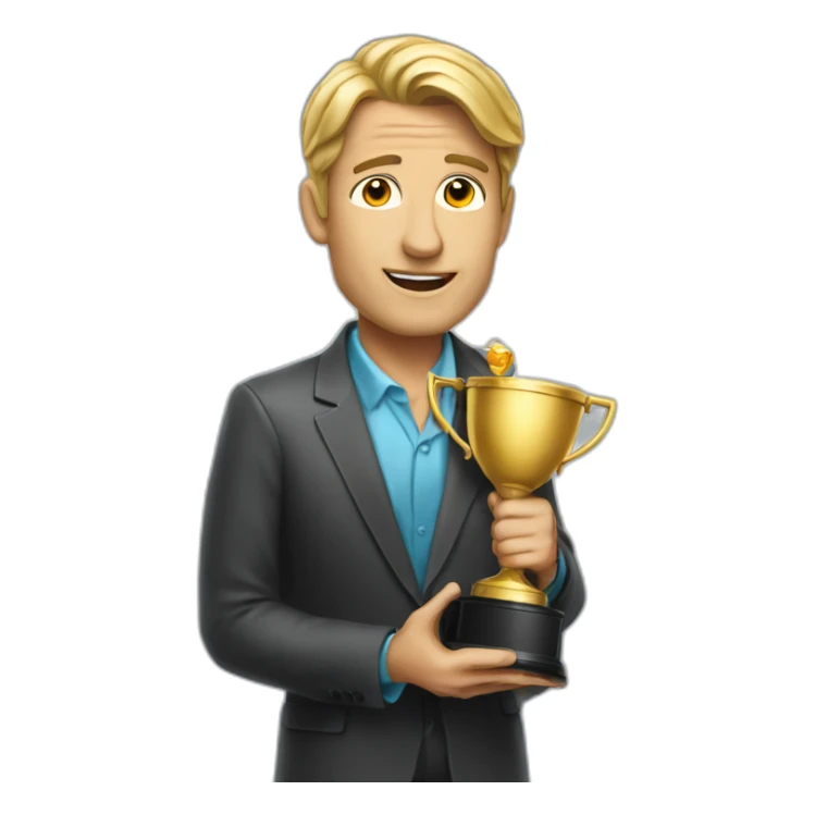 television game show host, lost in thought, holding a trophy sticker
