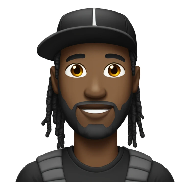 Black man with beard and short dreads wearing a black baseball cap sticker